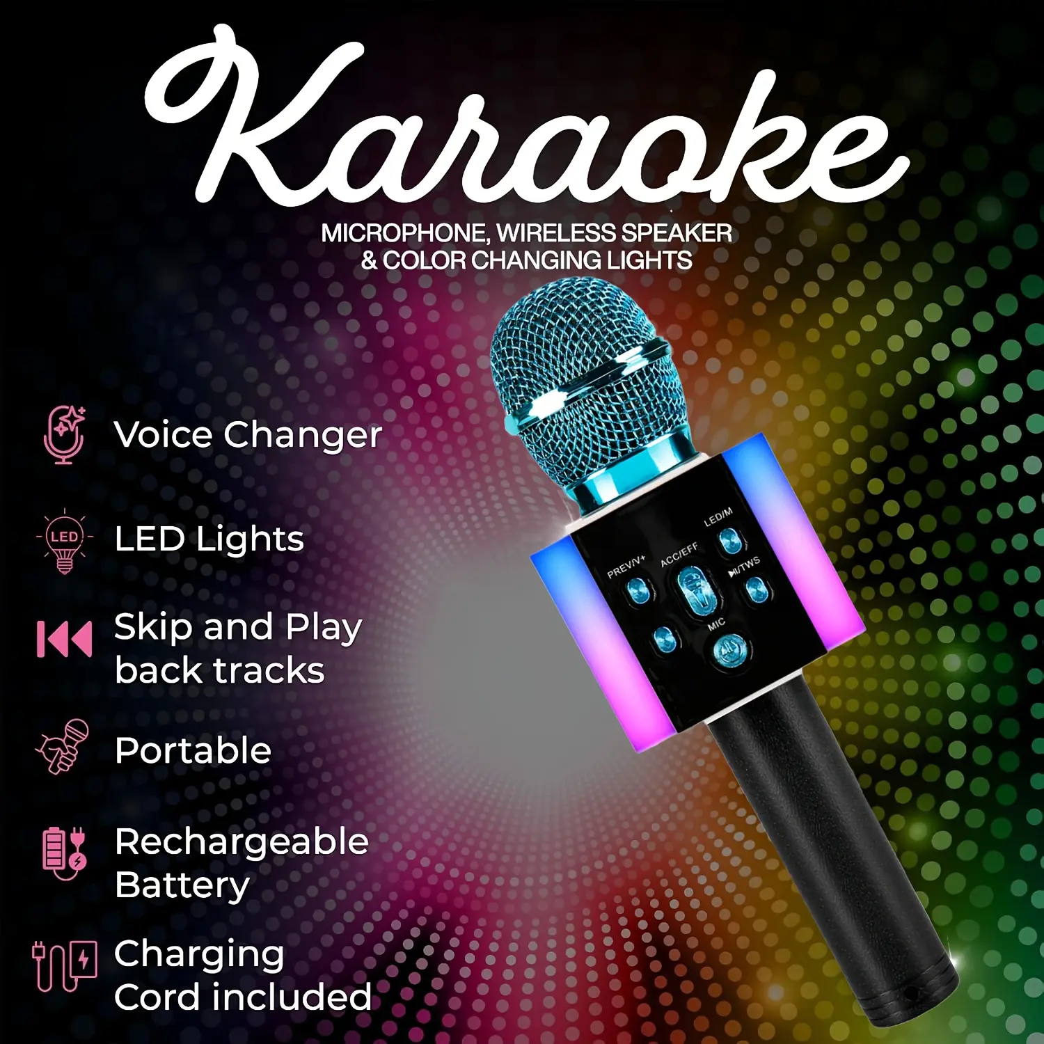 5-in-1 Wireless Karaoke Microphone with Bluetooth Speaker, Voice Changer & LED Lights, Portable Singing Mic for Halloween Party, Birthday, Holiday & Fun Gifts