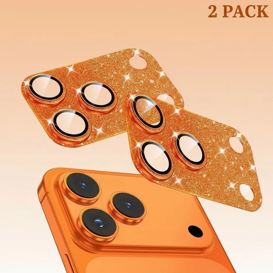 2 Pack Glitter Orange Camera Lens Protector for iPhone 17 Pro Max, Sapphire Crystal & Metal Smartphone Accessories, 9H Tempered Glass, Case-Friendly