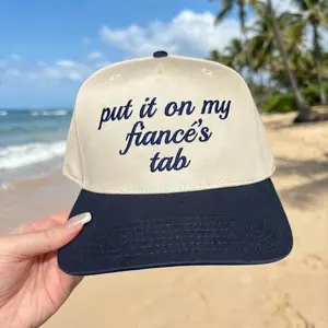 Put It On My Fiancé Tab Trucker Hat: Embroidered Bachelorette & Bridal Party Gift