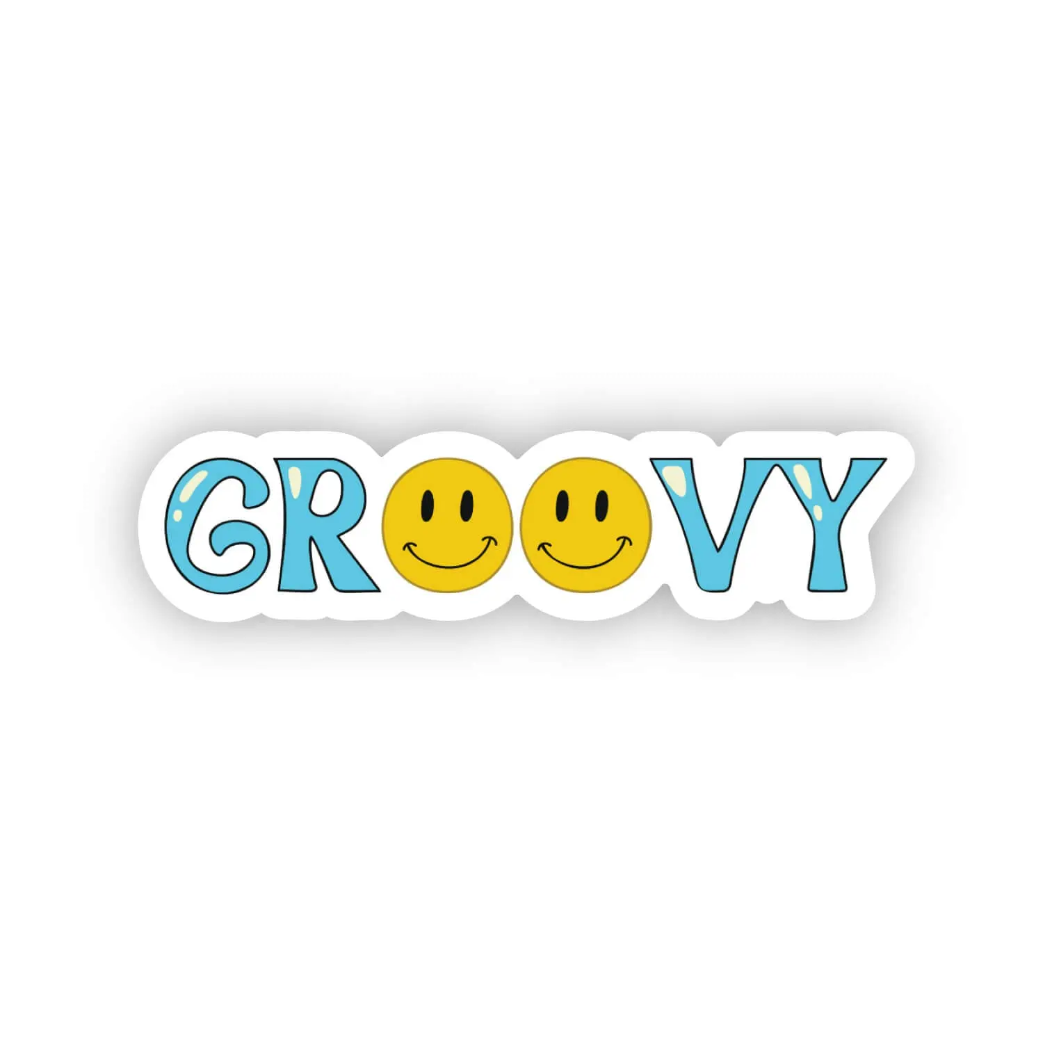 Yellow Emoji Smiling Groovy 2.0" x 0.5" Die Cut Waterproof Retro Stickers