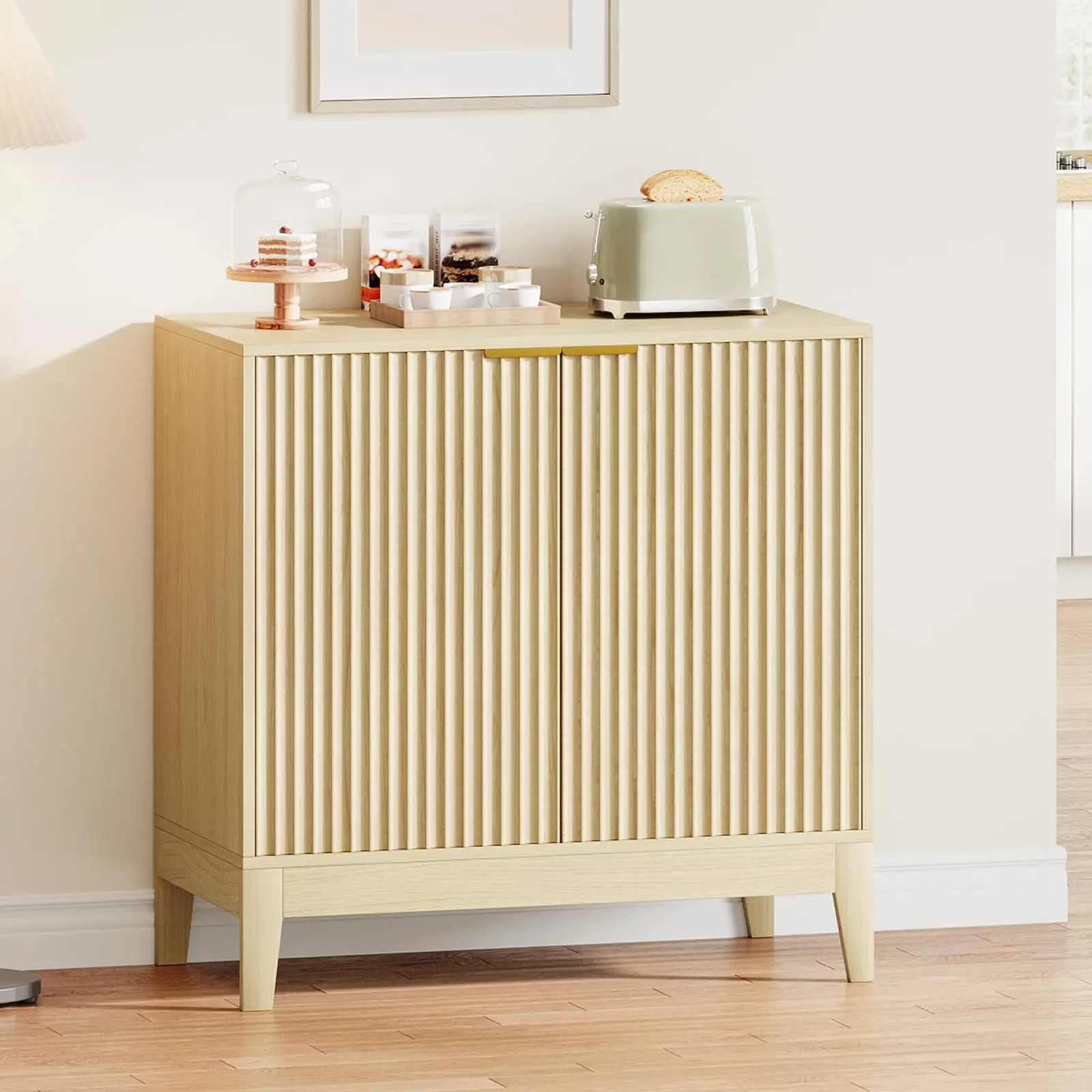 Garvee 31.5" Modern Fluted Cabinet with 2 Doors & Adjustable Shelf, Mid Century Modern Accent Cabinet, Multifunctional Console Table for Living Room, Dining Room, Kitchen, Entryway, Oak