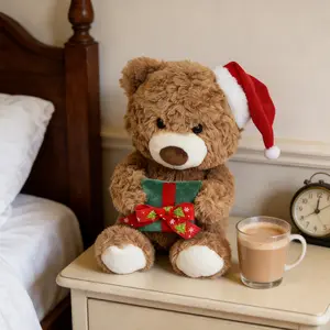 Brown Teddy Bear Stuffed Animal with Christmas Hat: Cute Soft Huggable Plush Toy for Girls & Boys, Decorations, Party Favors