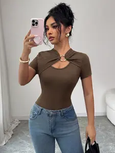 1pc Metal Eyelet Hollow Short Sleeve Tee, Slim Trendy Design Top, Versatile Daily Commute Wear