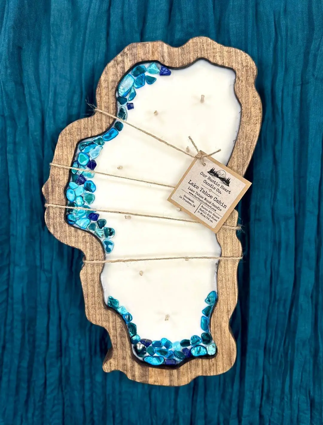 Lake Tahoe Custom Centerpiece Wood Bowl Candles - Handcrafted Reusable Refillable Scented Candles with Natural or Tahoe Blue Top Decor