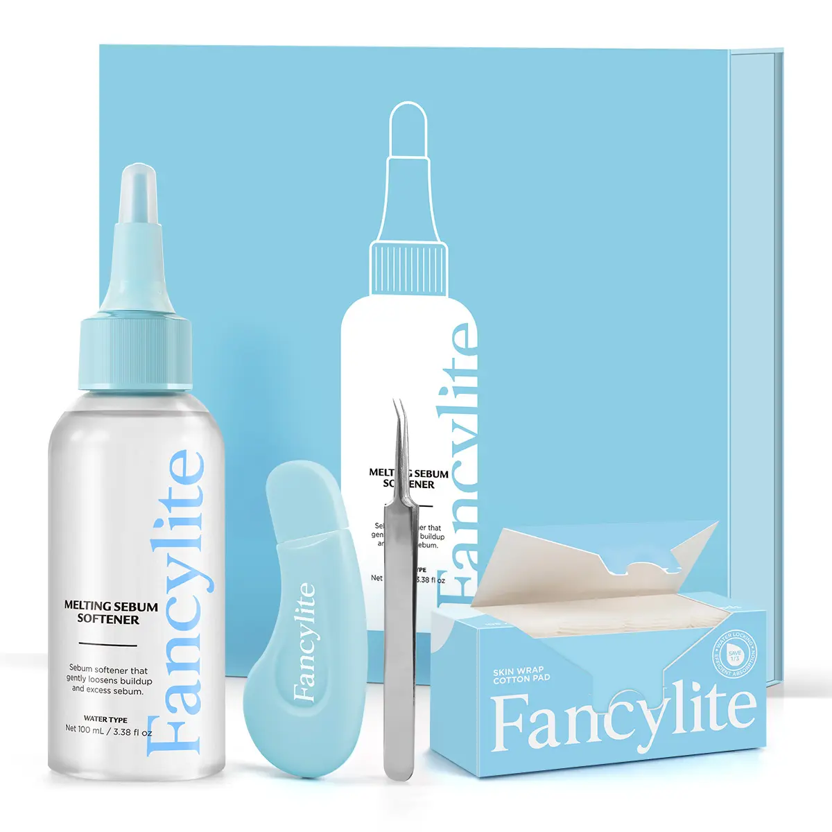 Fancylite Sebum Softener Kit for At Home Facial - Deep Pore Cleansing Liquid with Blackhead Remover Tool and 50 Cotton Pads, 3.38 fl oz