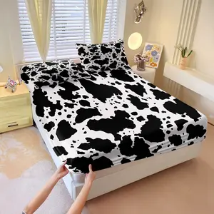 3Pcs Black White Cow Print Fitted Sheet Set, Digital Print Bedding Set, Soft Fabric, Deep Pocket Bed Sheet, All-Season, Aesthetic Room Decor for Bedroom, Dorm, Guest Room. Includes 2 Pillowcases, No Pillow Core