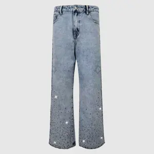 Men's High Cotton Y2K Rhinestone Starry Wide Leg Jeans, Retro Acid Wash Light Blue Denim Pants with Sparkling Rhinestone & Star Motif, Grunge Streetwear Casual Trousers for Men