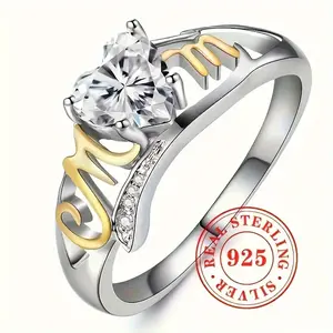 925 Silvery Elegant Luxury MOM Heart-Shaped Ring with Cubic Synthetic Zirconia, Dual-Tone Design, Perfect Mother'S Day Gift Jewelry, Mother'S Day Gift, Mother'S Day Jewelry, Jewelry For Women real rings