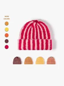 Women's Knit Beanie Hat, Korean Style Colorblock Striped, Thick Warm Face-Saving, Double Layer Wool Blend, Fall & Winter Fashion