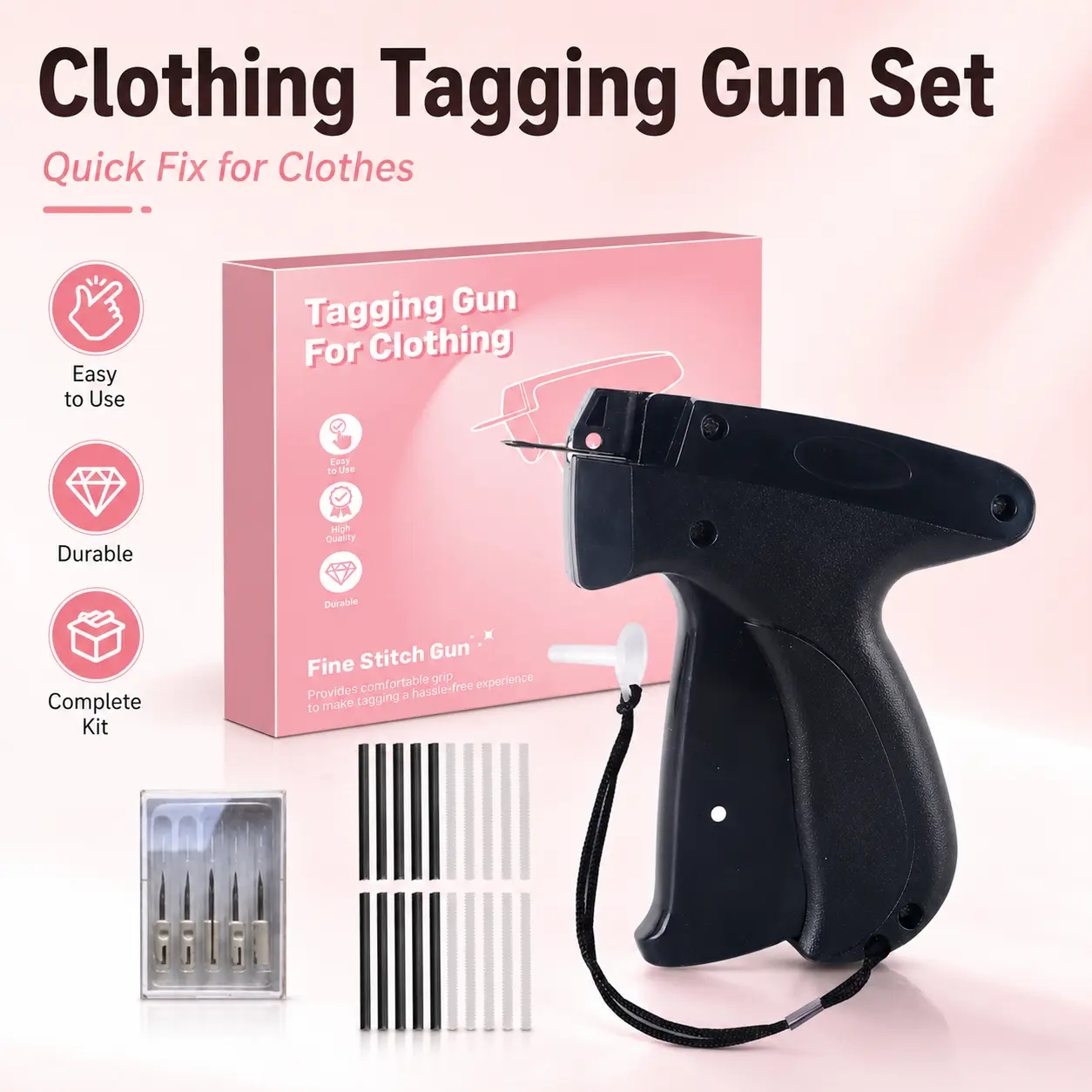 Fine Stitch Gun for Clothing, Clothing Tagging Gun Kit with Replacement Needles & Black White Fasteners, Quick Garment Repair Tool for Hems, Collars, Cuffs & Straps