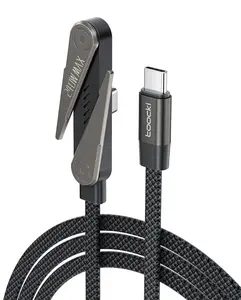 Toocki Type-C 240W 90 Degree Braided USB C Charger Cable with Built-in Phone Stand Multi-Functional Right Angle Design Durable Fast Charging Cord Black 4.9FT