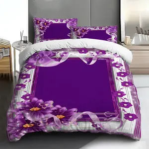 Three-piece bedding set - 2pcs/3pcs 2D Flat purple floral ribbon pattern duvet cover set (1 duvet cover + 1/2 pillowcases, no insert), multi-color printed bedding set, soft and comfortable, suitable for family bedrooms and guest rooms.