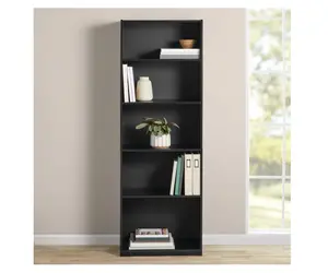 Modern 5-Tier Bookcase with Adjustable Shelves – Black Oak Finish
