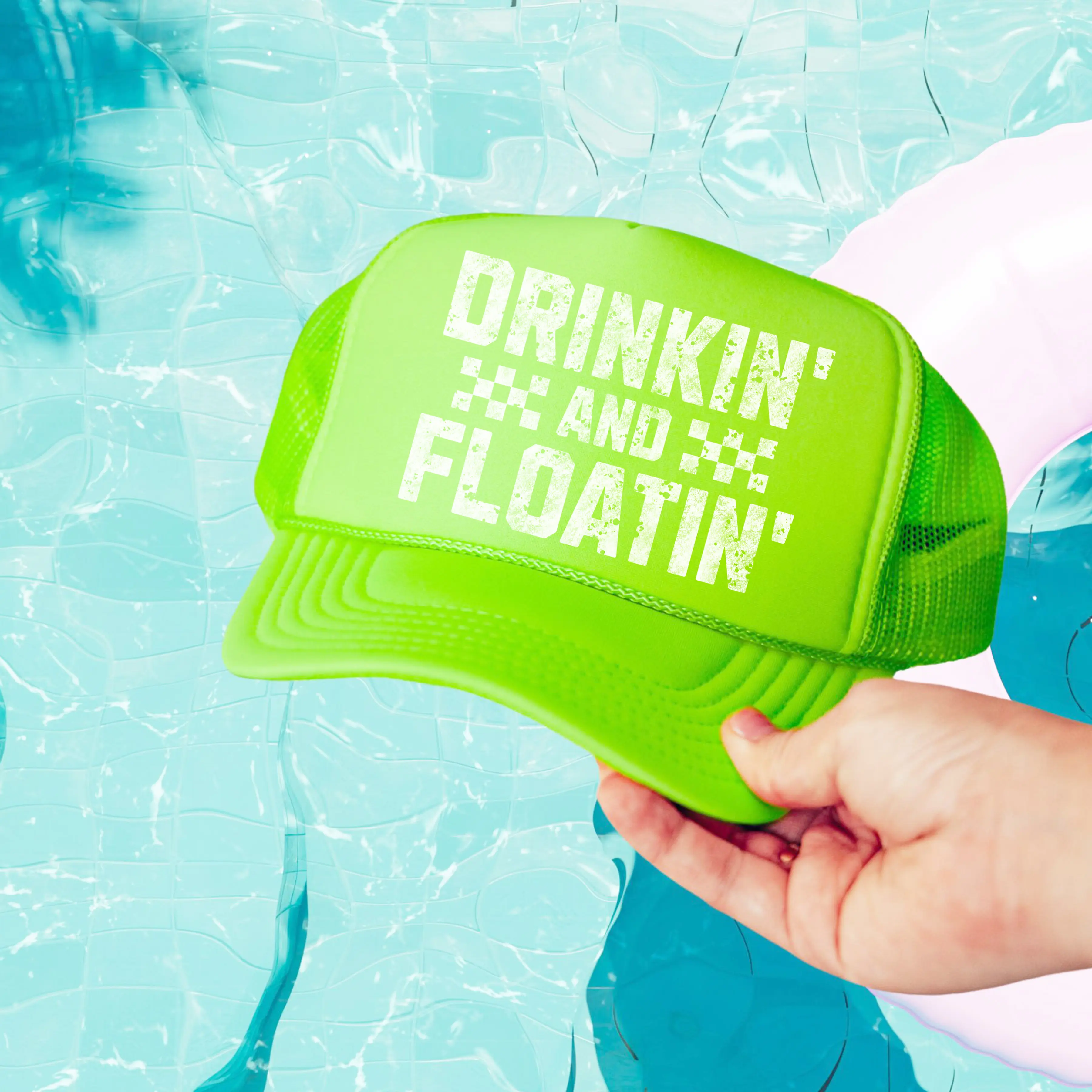 Drinkin' and Floatin' Trucker Hat - Drinking and Floating Unisex Neon Hat for River - Adjustable Cap for Lake - Beach Trip Snapback