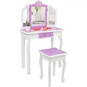 VALUE BOX Kids Princess Vanity, Girl Makeup Dressing Vanity Set with Stool and Tri-Folding Mirror, 2 in 1 Toddler Vanity Table with Drawer for Girls Age 3-9 (Purple)