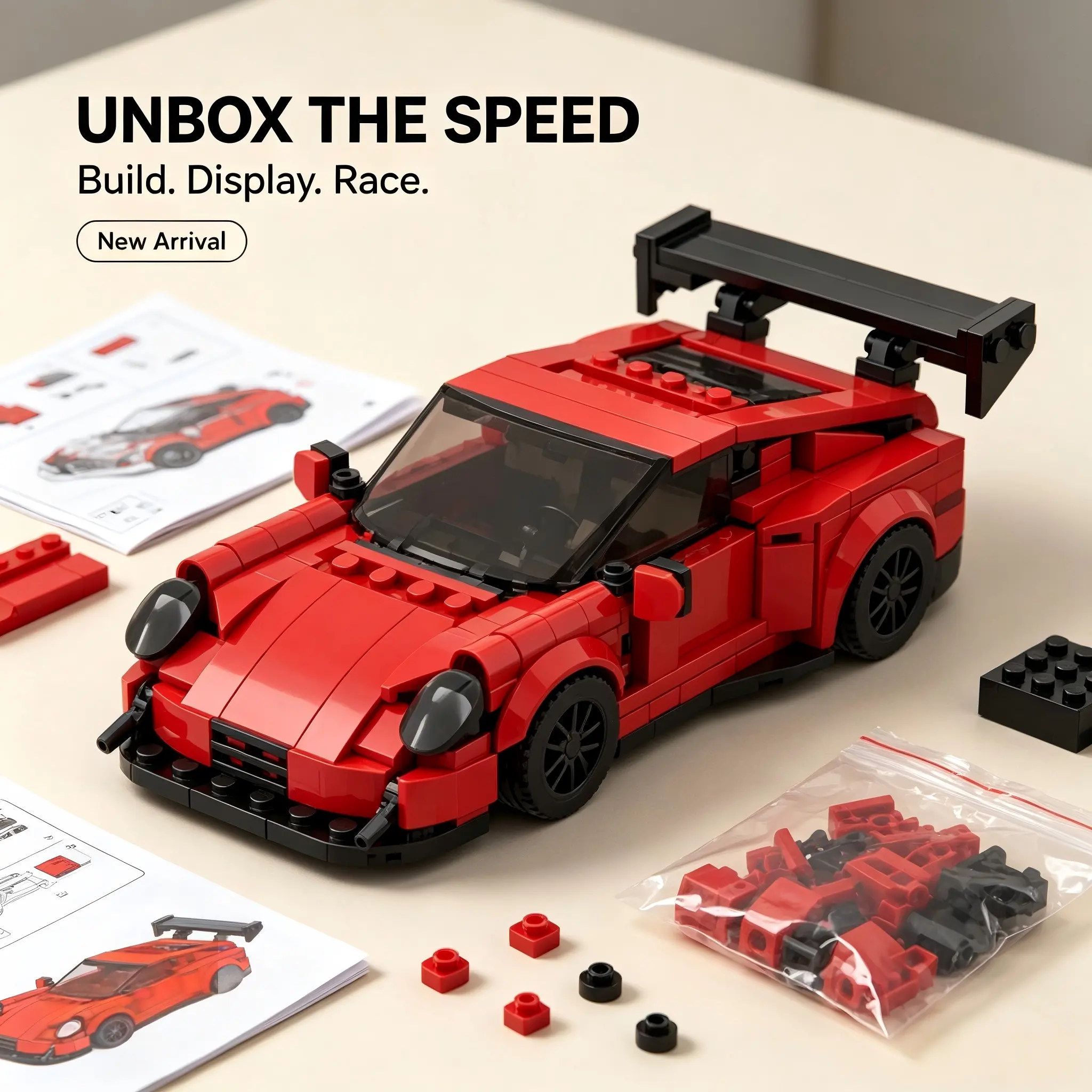 Red GT Race Car Building Blocks Kit - Sports Car Model Bricks for Adults & Kids, Collectible Toy Ideal Gift for Enthusiasts' Birthday & Holiday Presents