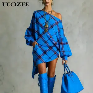 UOOZEE Women's 2026 New Spring Summer Pleated Plaid Contrast Color with pockets Mini Dresses, Asymmetric Puff Sleeves Long Sleeves Year-Round Casual/Party One-Shoulder Mini Dresses()