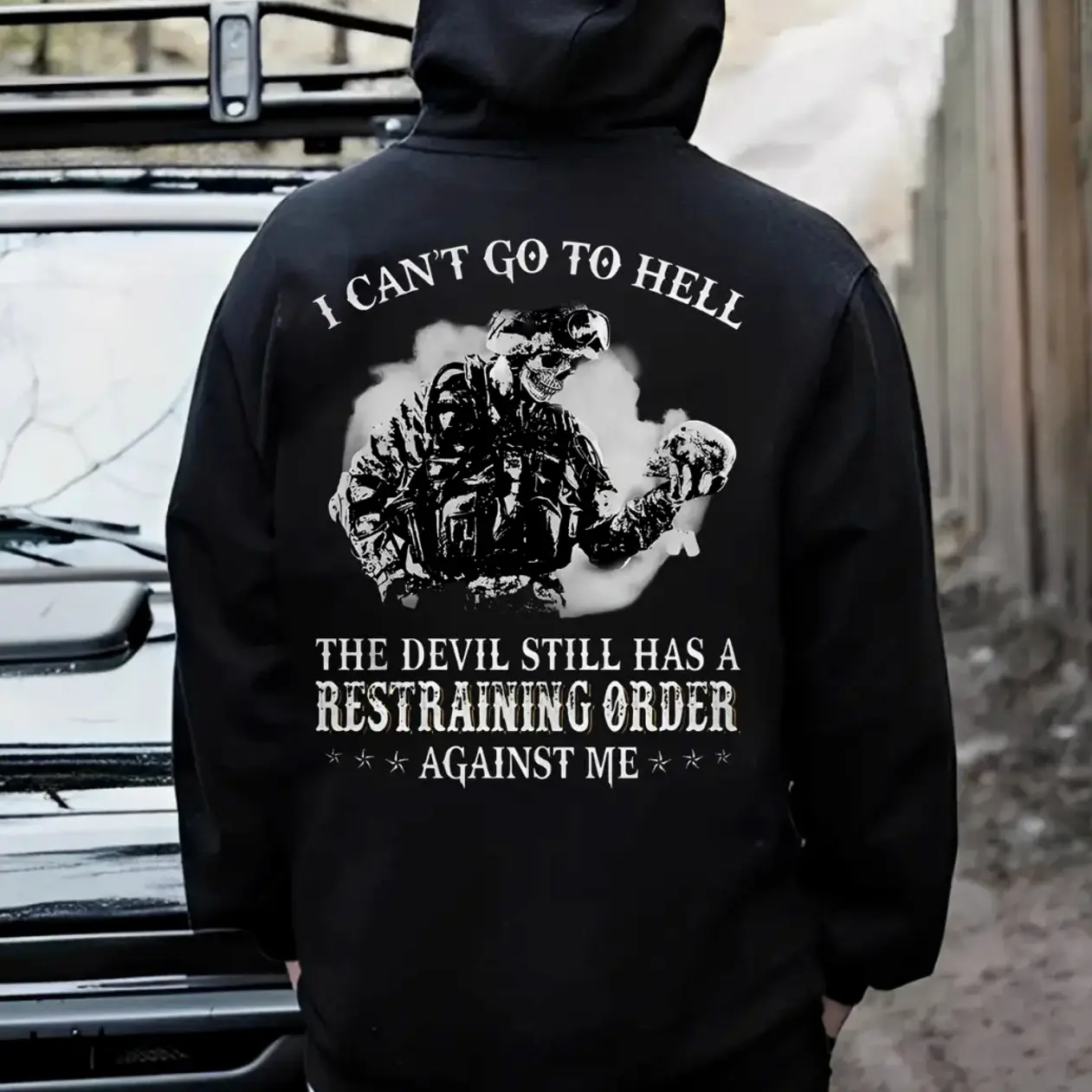 I Can’t Go to Hell The Devil Still Has a Restraining Order Against Me Hoodie – Tactical Skull Military Humor T Shirt for Men – Dark Humor Veteran Graphic Sweatshirt