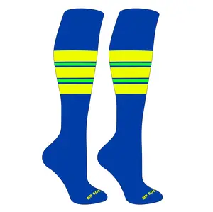 MK Socks Striped Knee High Baseball, Football Socks (E) Royal, Neon Yellow, Neon Green