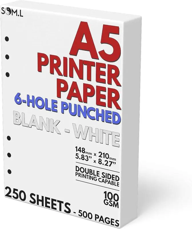 A5 Refillable 6-Hole Punched Blank Paper - 250 Sheets (500 Pages), 100 GSM Paper, 148mm x 210mm (5.83in x 8.27in), Double Sided Printing for Laser/Inkjet, Ideal for Journaling, Bullet Journals, Planners, A5 Paper, 5.83 Inches