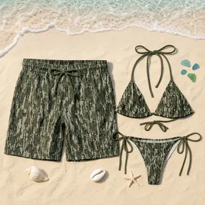 [HOT SUMMER 2026] Matching Camo Couple Swimwear Set – Women’s Tie Bikini & Men’s Drawstring Beach Shorts, Summer Vacation Outfit