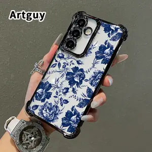 Phone Case Compatible with Samsung Galaxy S23 Ultra S24 Plus S25 S22+ FE Edge Blue floral reverie Pattern Four Corners Anti-drop Cellphone Protective Durable Total Coverage Shockproof Phone Cover