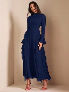 Women's Elegant Red Long Sleeve High Neck Ruffle Hem Dress, Suitable For Dates, Galas