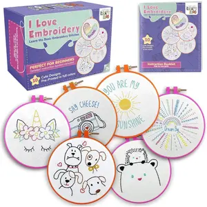 10 Pre-Stamped Embroidery Patterns for Beginners Embroidery Kit for Kids Girls Needlepoint Cross Stitch Craft Sewing Perfect for Ages 7-13