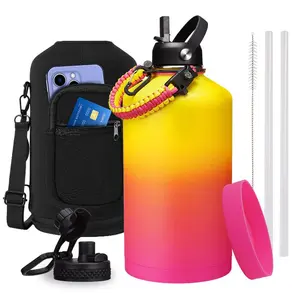Large Insulated Water Bottles with Straw & Flip Auto Lid, 32 40/64/128 oz Stainless Steel Water Jug Shoulder Carrier Bag, Silicone Boot, BPA-Free Metal Water Bottle with Handle Paracord