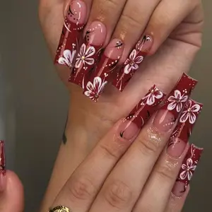 Change Your Nails, 24pcs Wine Sakura Press-On Almond Fake Nails Flower Nails Nail Art Design with Jelly Glue and Nail File, Perfect for Festive Wear, Daily Use, School, Office, Party