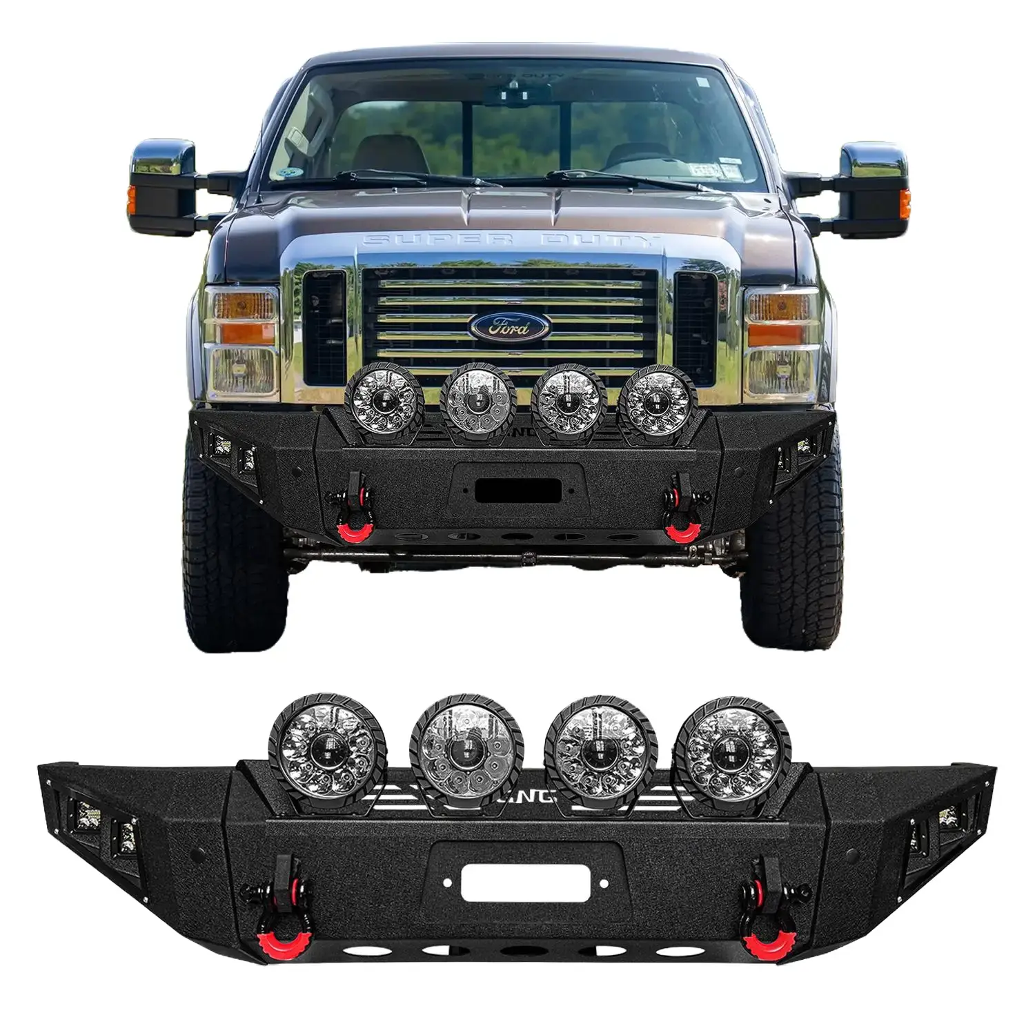 Vijay Black Texture Metal Front Bumper for 2008-2010 Ford F250/F350 Truck, Vehicle Specific Fit, with Winch Plate, 2 D-Ring Mounts, Round Lights, Off-Road Enhancement, Easy Screw Installation, With Lights