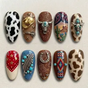Handmade Rustic Western Cowgirl Press On Nails, Luxury 3D Longhorn & Leather Texture Art, Desert Rodeo Aesthetic - Gilded Frontier