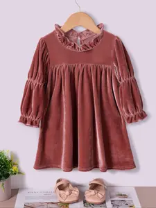 Toddler Girl's Solid Frill Trim Ruffle Trim Sweater Dress, Cute Casual Long Sleeve Mock Neck Knit Dress for Fall & Winter, Kids Clothes for Daily Wear