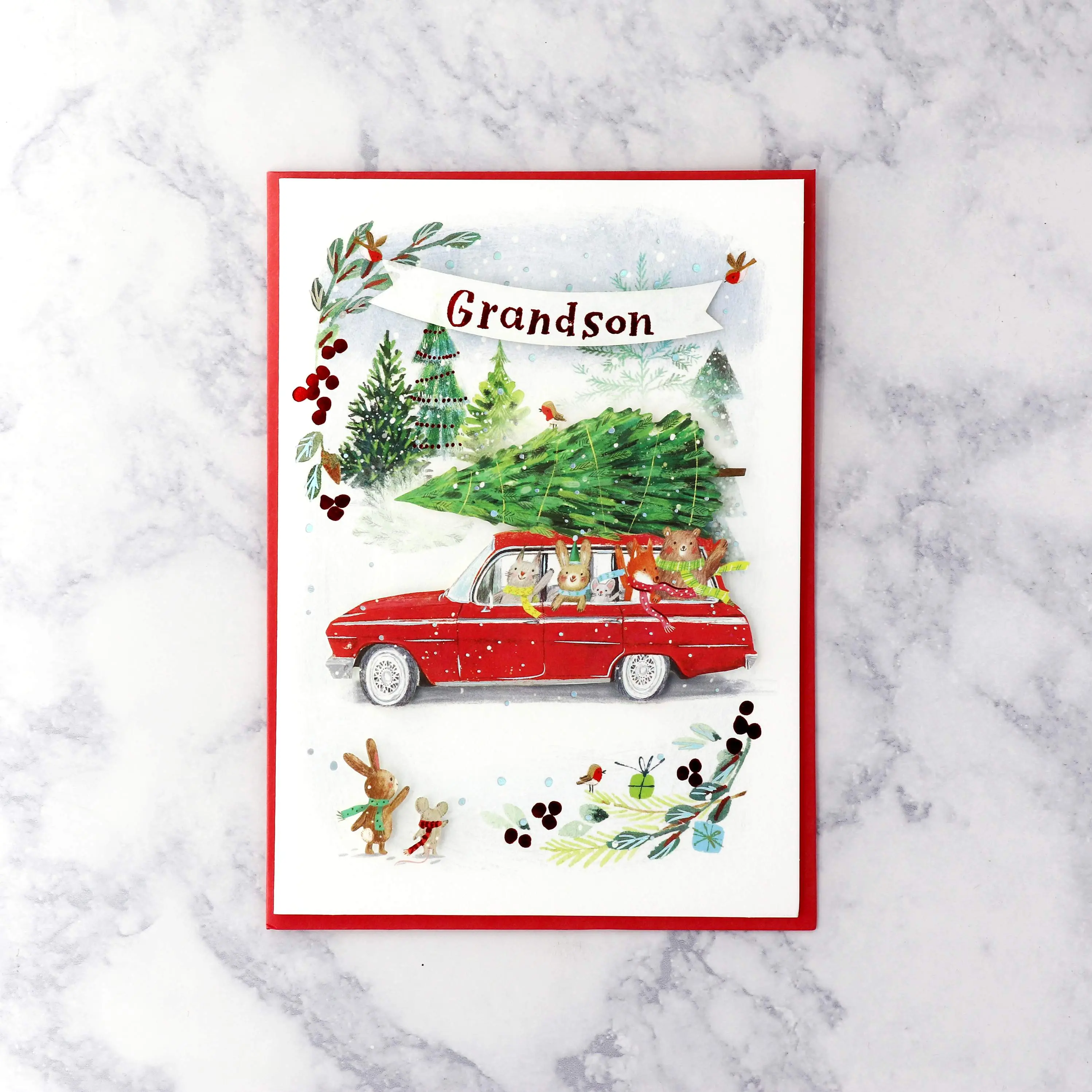 Critters In Car Christmas Card (Grandson)