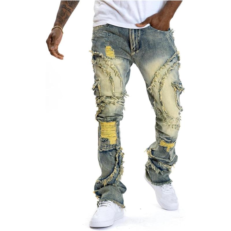 Mens Black Stacked Jeans Slim Fit Ripped Jeans Destroyed Straight Denim Pants Harajuku Hip Hop Trouser Streetwear