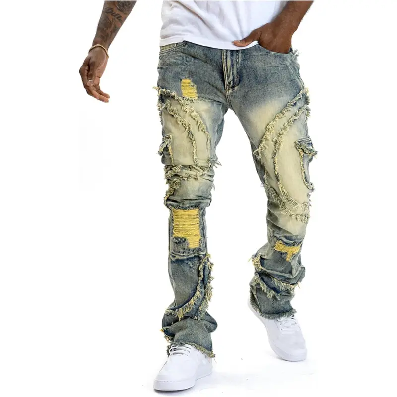 Mens Black Stacked Jeans Slim Fit Ripped Jeans Destroyed Straight Denim Pants Harajuku Hip Hop Trouser Streetwear