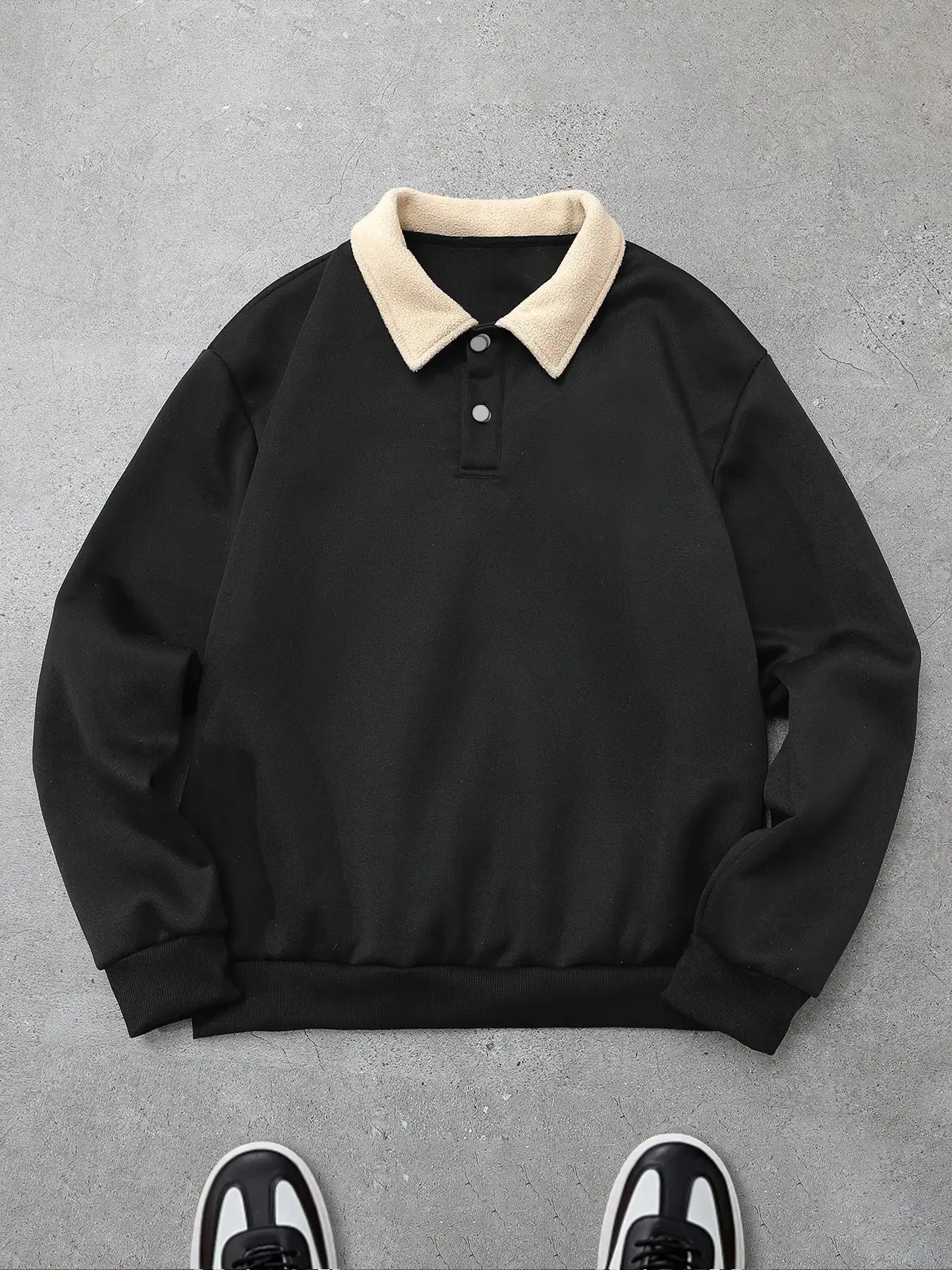 Trendy Retro Lamb Wool Collar Sweatshirt, Cross Print Polo Shirt