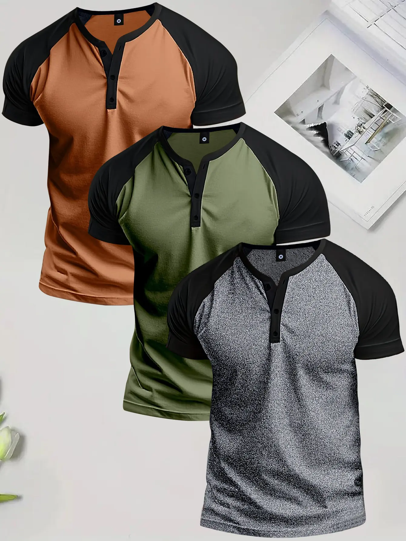 Men's 3-Piece Henry Collar Polyester Stretch T-Shirt Set, Slim-Cut Short-Sleeve Tops, 3-Button Front, Menswear, Casual Street Look, Assorted Pack Men's Short-Sleeve T-Shirts