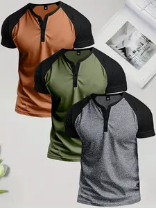 Henley Shirt Men's Three Piece Set Short Sleeve Thermal Underwear Henley Top Casual Slim Fit Lightweight 5 Button T-Shirt Stretch Fabric Cotton Street Style Button Front Placket Shirt Round Neckline Athletic Mixed Color