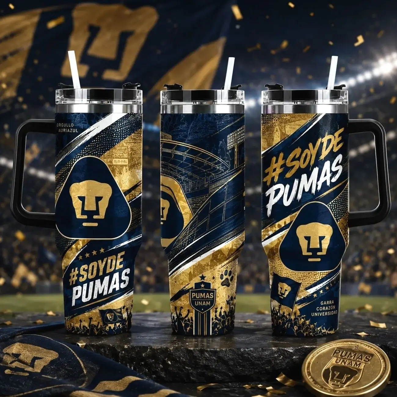 Pumas UNAM Tumbler Soccer Team Drinkware University Fan Gift Handle Mug With Straw