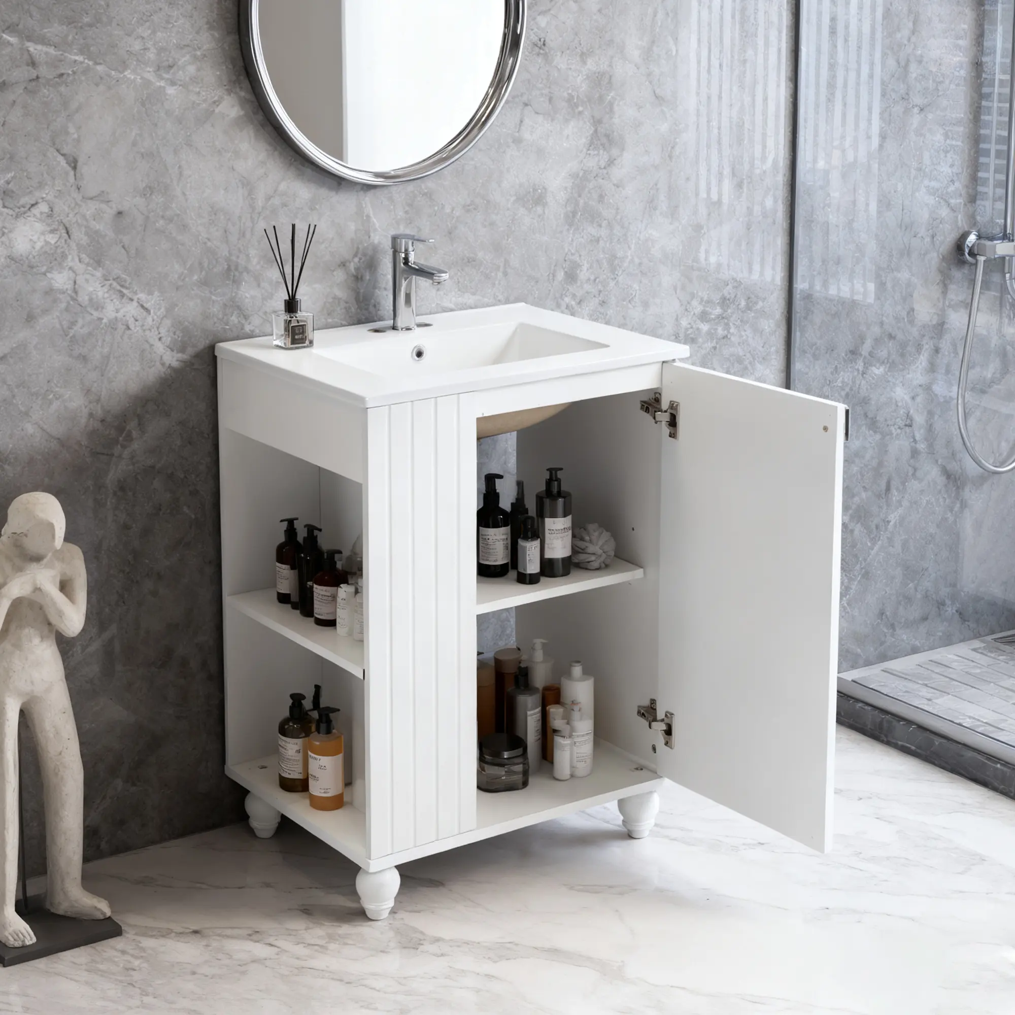 Soges 24 Inches Bathroom Vanity with Integrated Ceramic Sink, Solid Wood Frame Vanity Cabinet with Single Door, Side Open Storage, Adjustable Shelf, Space Saving Modern Home Cabinet, Durable, White