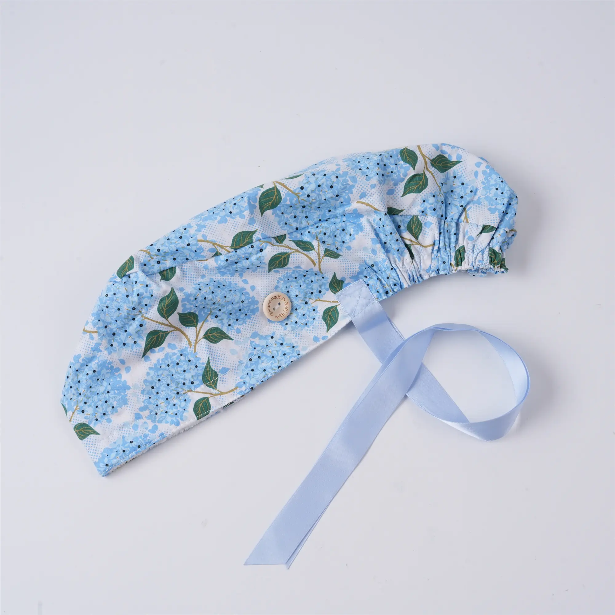 Floral Summer Ponytail Surgical Cap, Soft Cotton Fabric Medical Headwear Blue Hydrangea