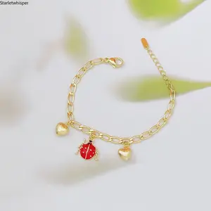 18K Gold Plated Ladybug & Heart Charm Bracelet for Women, Cute DIY Inspired Design, Trendy Aesthetic Fashion Jewelry, Delicate & Versatile for Daily Wear, Dates & Gift Giving