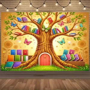 2D Flat Back to School Book Tree Polyester Backdrop, Photo Booth Home Wall Party Decor, Party Banner