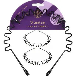 2-Piece Metal Headband Set Stylish Unisex Black Hairband Spring-Loaded Wave Design Non-Slip Sports Headwear Hairband Hair Accessory