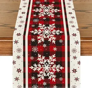 Buffalo Plaid Snowflakes Christmas Table Runner, Seasonal Winter Kitchen Dining Table Decoration for Home Party Decor 13x72 Inch