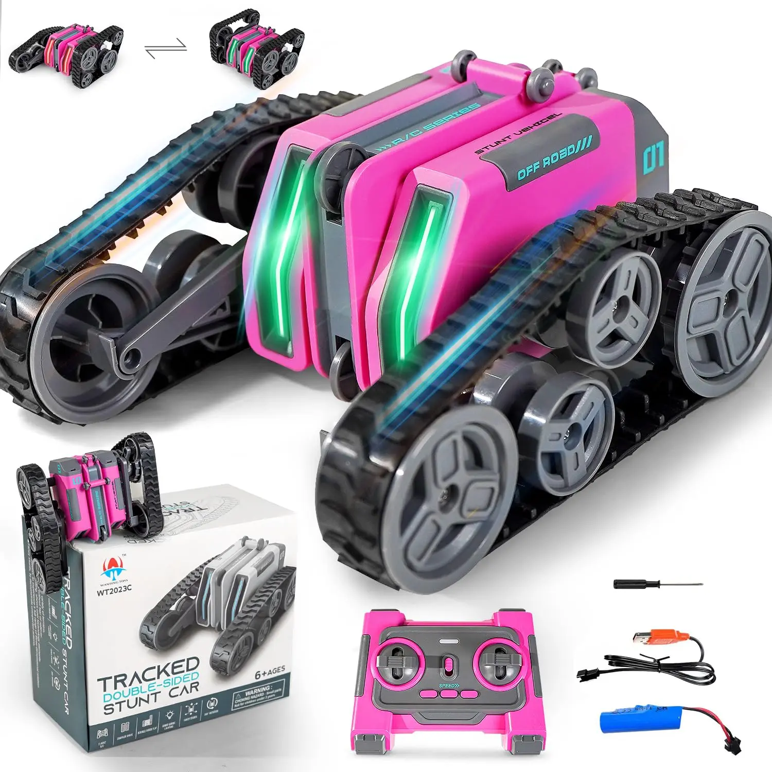 FUUY Stunt RC Car, 360° Rotating Remote Control Car, RC Cars RC Tank with LED Lights Tracked Car Toys for Girls Age 6+ Kids Birthday Gifts