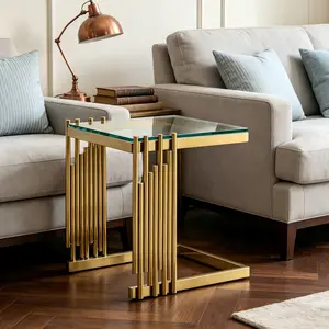 Luxury C-Shaped Side Table, Gold Stainless Steel Frame End Table with Clear Tempered Glass Tabletop, Modern Minimalist Square Corner Table, Multifunctional Sofa Couch Side Table for Living Room Bedroom Small Space, Easy Assembly & Stain Resistant