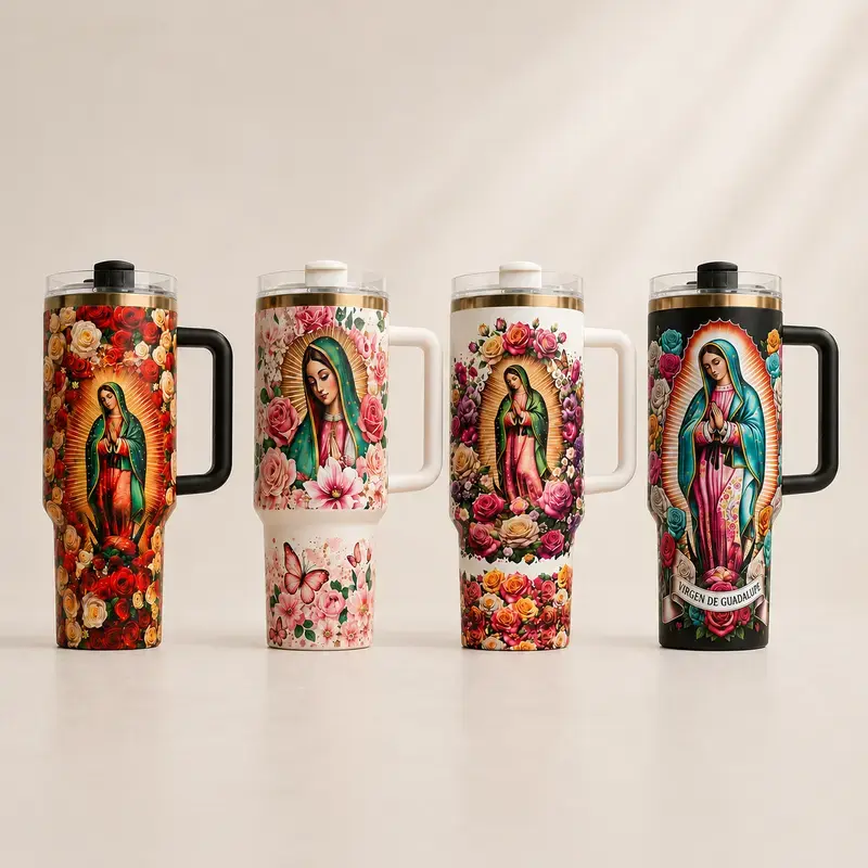 40oz Insulated Stainless Steel Our Lady of Guadalupe Tumbler - Wide Mouth, Portable Water Bottle with Handle, Cover, Straw, Red Pink Roses Floral Print, Catholic Mexican Religious Blessed Mother Mary Faith Gift for Women