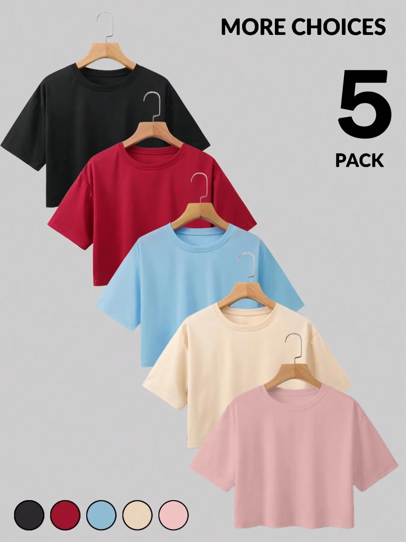 Summer 5-Pack Solid Color, Basic Cropped T-Shirts for Women, Loose & Slimming Fit Crew Neck Short Sleeve Crop Tops, Daily Commute Wear, Minimalist Casual Style, Suitable for Multiple Aesthetics, Effortlessly Create Different Looks, Round Neck